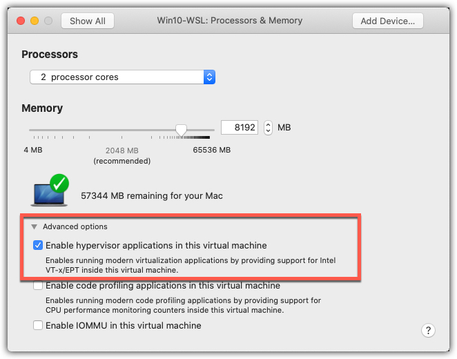 Virtual machine settings - proccessors & memory